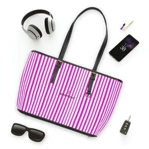 Pink Striped Print Tote Bag, Best Designer PU Leather Shoulder Hand Work Bag 17"x11"/ 16"x10"