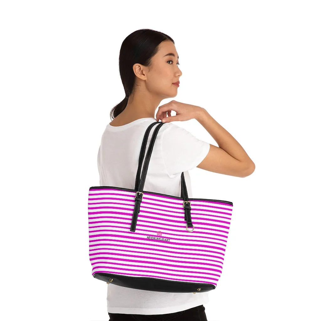 Pink Stripes Tote Bag, Best Designer PU Leather Shoulder Hand Work Bag 17"x11"/ 16"x10"