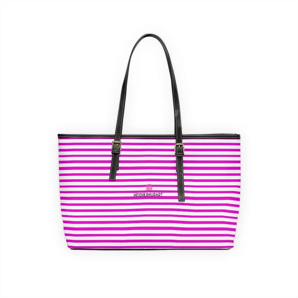 Pink Stripes Tote Bag, Best Designer PU Leather Shoulder Hand Work Bag 17"x11"/ 16"x10"