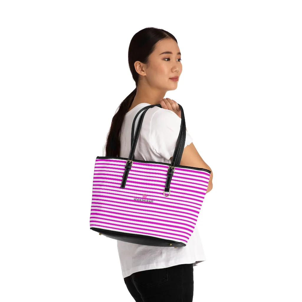 Pink Stripes Tote Bag, Best Designer PU Leather Shoulder Hand Work Bag 17"x11"/ 16"x10"