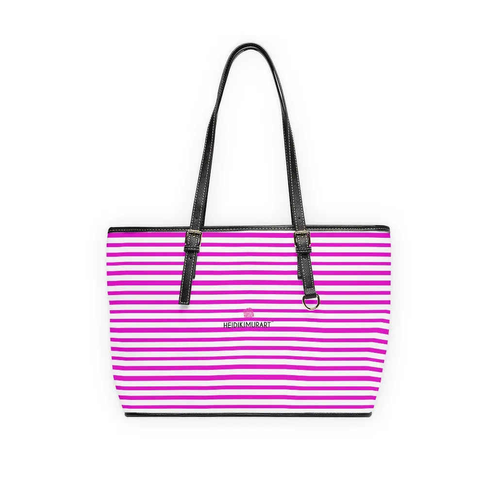 Pink Stripes Tote Bag, Best Designer PU Leather Shoulder Hand Work Bag 17"x11"/ 16"x10"