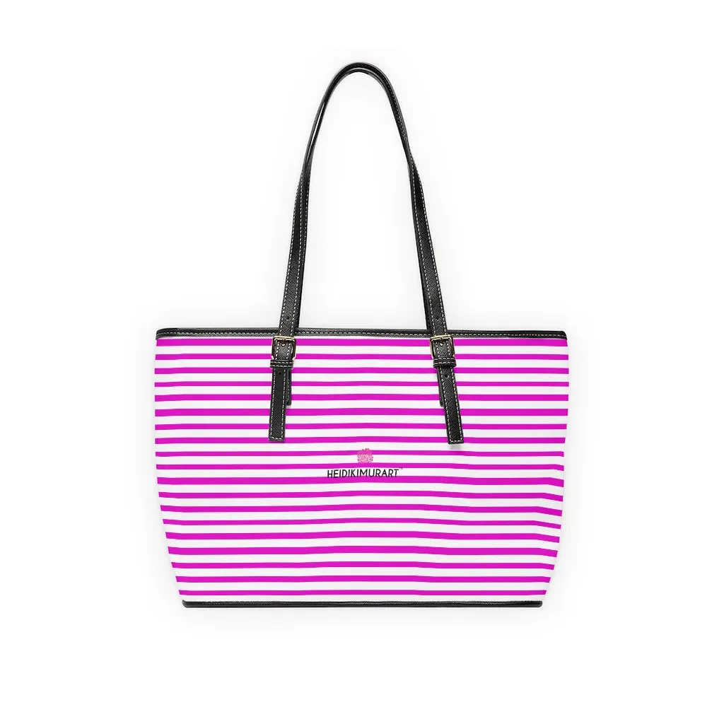 Pink Stripes Tote Bag, Best Designer PU Leather Shoulder Hand Work Bag 17"x11"/ 16"x10"