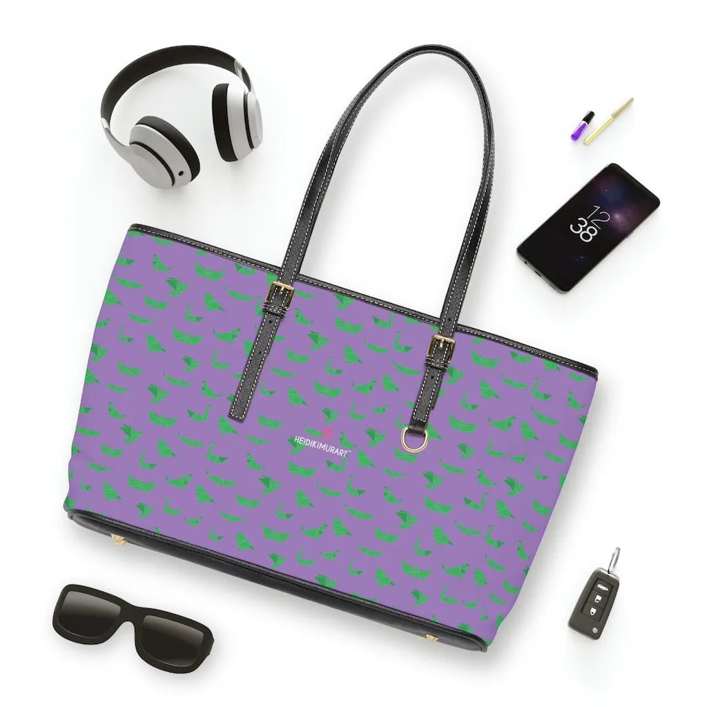 Purple Green Crane Tote Bag, Japanese Style Best PU Leather Shoulder Hand Work Bag 17"x11"/ 16"x10"