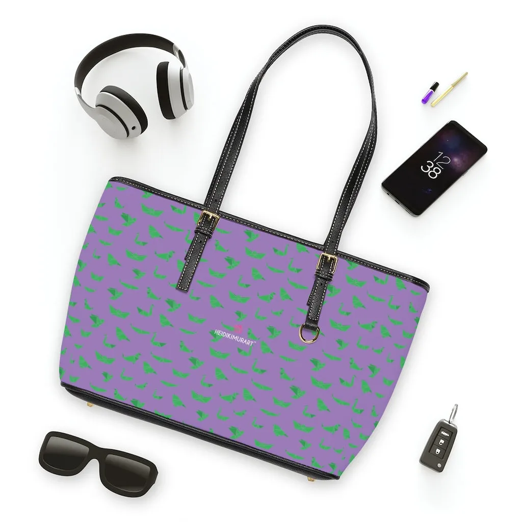 Purple Green Crane Tote Bag, Japanese Style Best PU Leather Shoulder Hand Work Bag 17"x11"/ 16"x10"