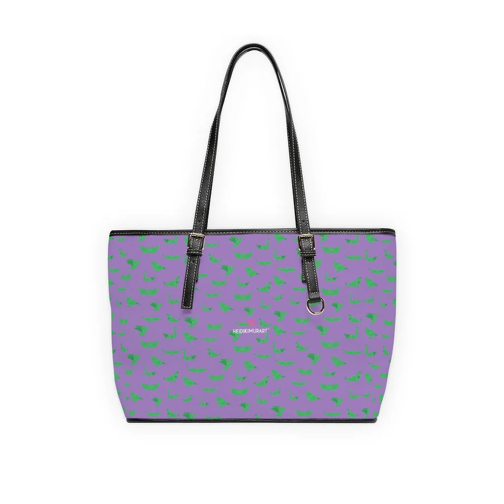 Purple Green Crane Tote Bag, Japanese Style Best PU Leather Shoulder Hand Work Bag 17"x11"/ 16"x10"