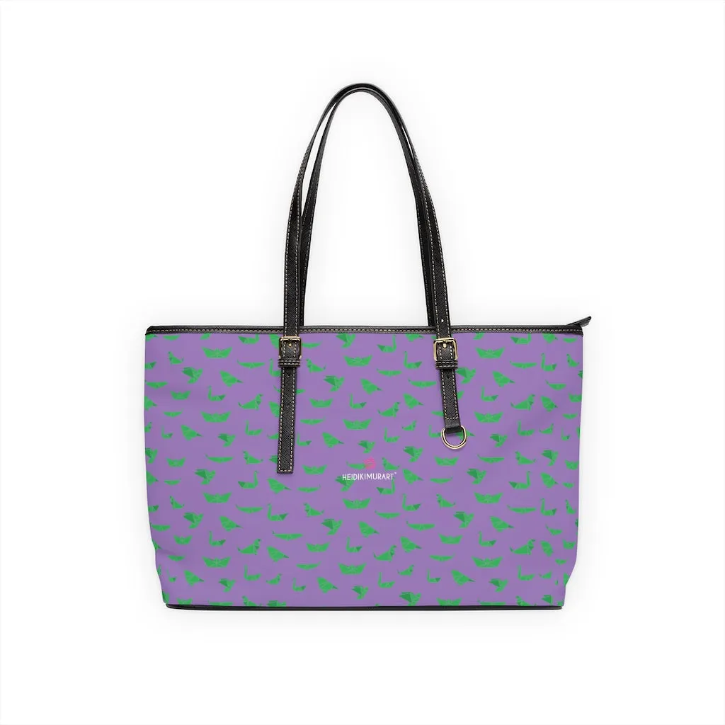 Purple Green Crane Tote Bag, Japanese Style Best PU Leather Shoulder Hand Work Bag 17"x11"/ 16"x10"