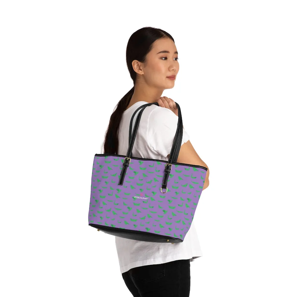 Purple Green Crane Tote Bag, Japanese Style Best PU Leather Shoulder Hand Work Bag 17"x11"/ 16"x10"