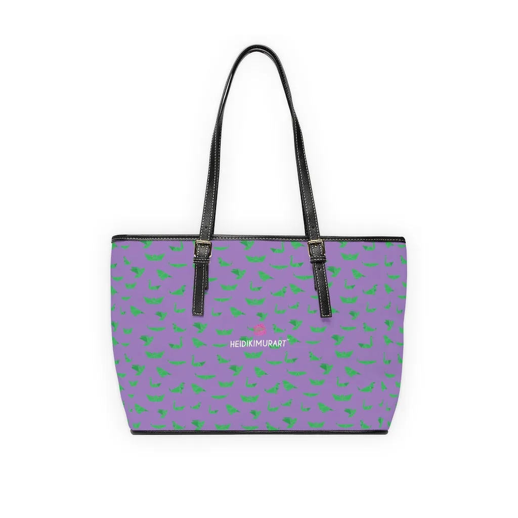 Purple Green Crane Tote Bag, Japanese Style Best PU Leather Shoulder Hand Work Bag 17"x11"/ 16"x10"