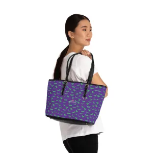 Purple Green Crane Tote Bag, Japanese Style Cranes Best PU Leather Shoulder Hand Work Bag For Women