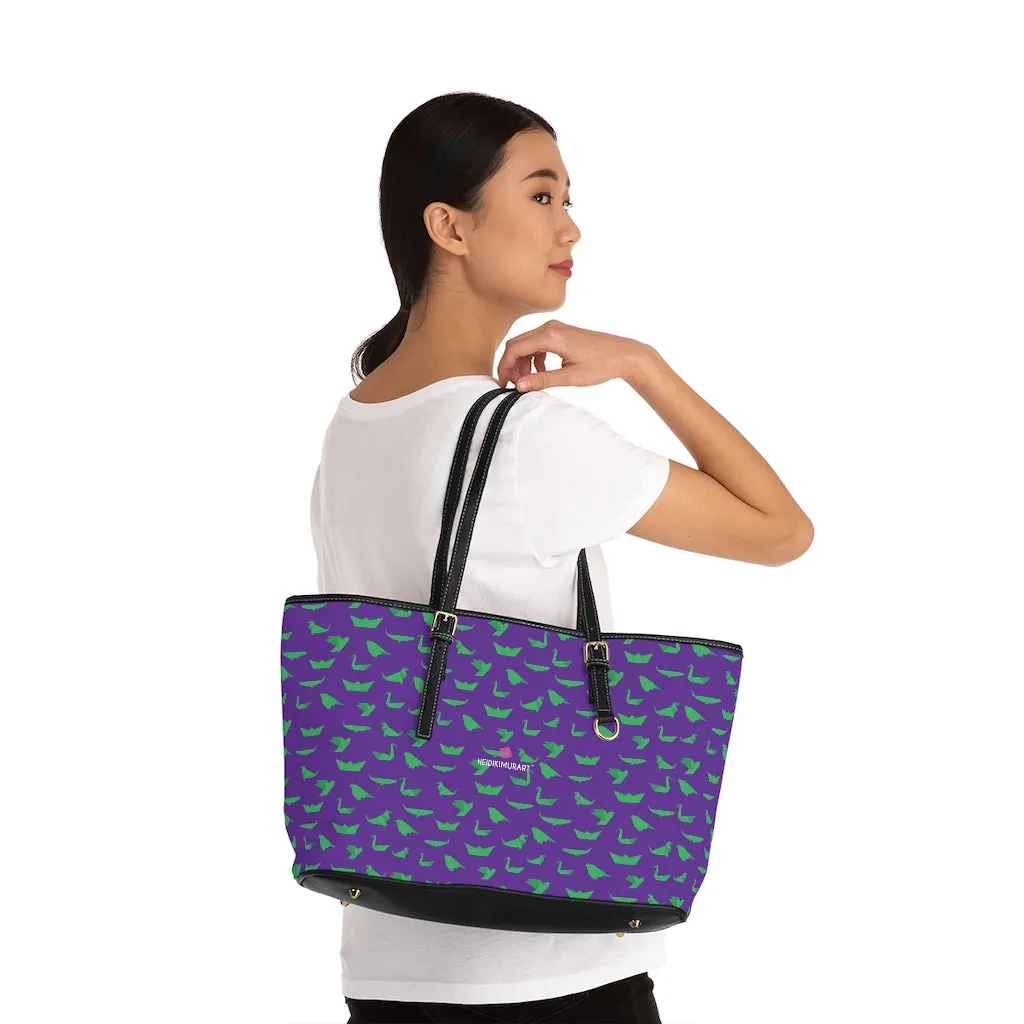 Purple Green Crane Tote Bag, Japanese Style Cranes Best PU Leather Shoulder Hand Work Bag For Women