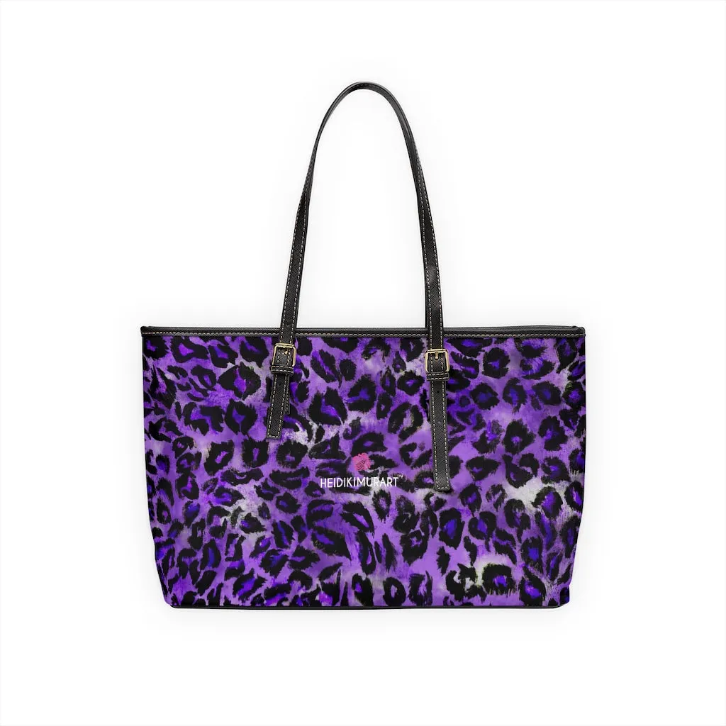 Purple Leopard Print Tote Bag, Leopard Animal Print Best Designer PU Leather Shoulder Bag For Ladies