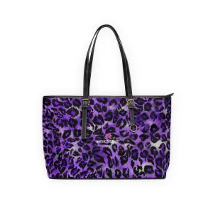 Purple Leopard Print Tote Bag, Leopard Animal Print Best Designer PU Leather Shoulder Bag For Ladies