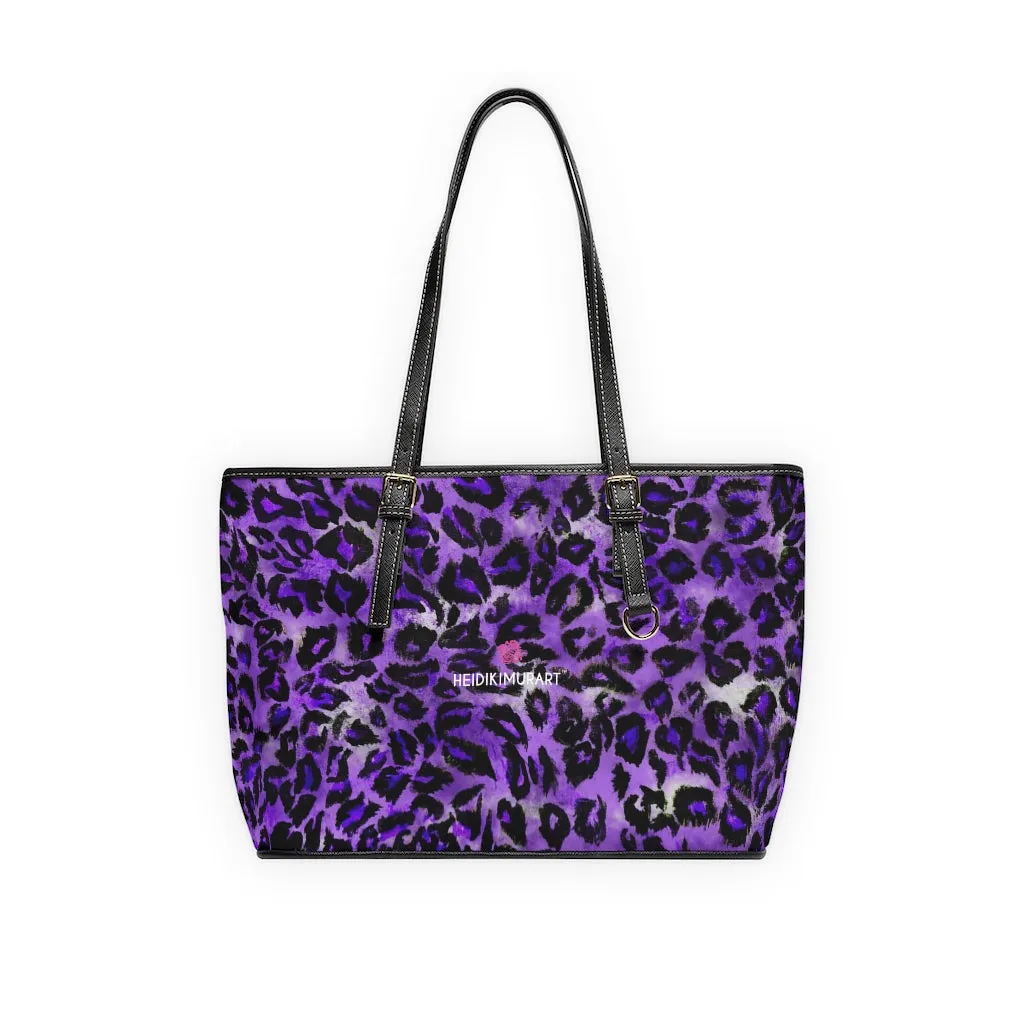 Purple Leopard Print Tote Bag, Leopard Animal Print Best Designer PU Leather Shoulder Bag For Ladies