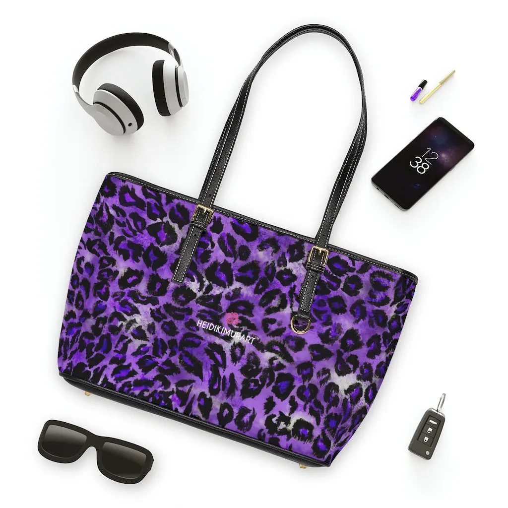 Purple Leopard Print Tote Bag, Leopard Animal Print Best Designer PU Leather Shoulder Bag For Ladies