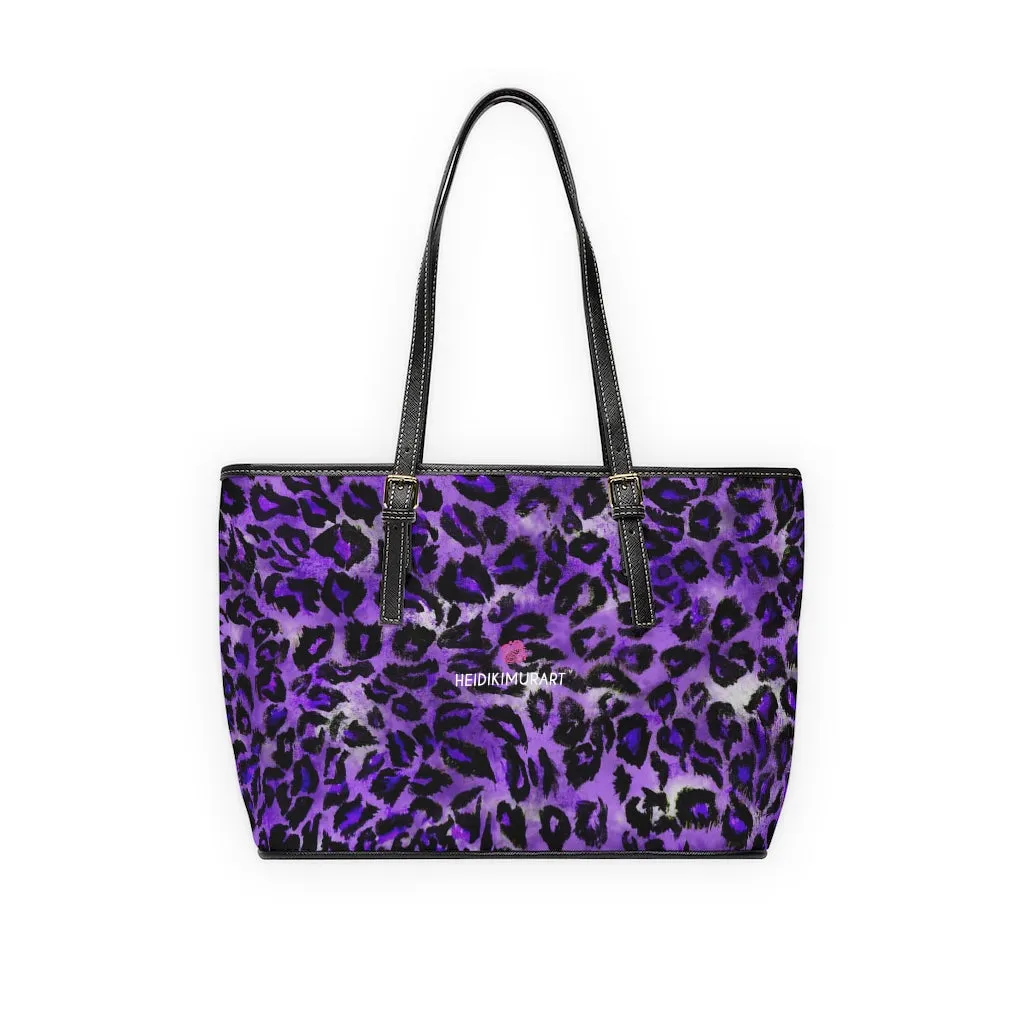 Purple Leopard Print Tote Bag, Leopard Animal Print Best Designer PU Leather Shoulder Bag For Ladies