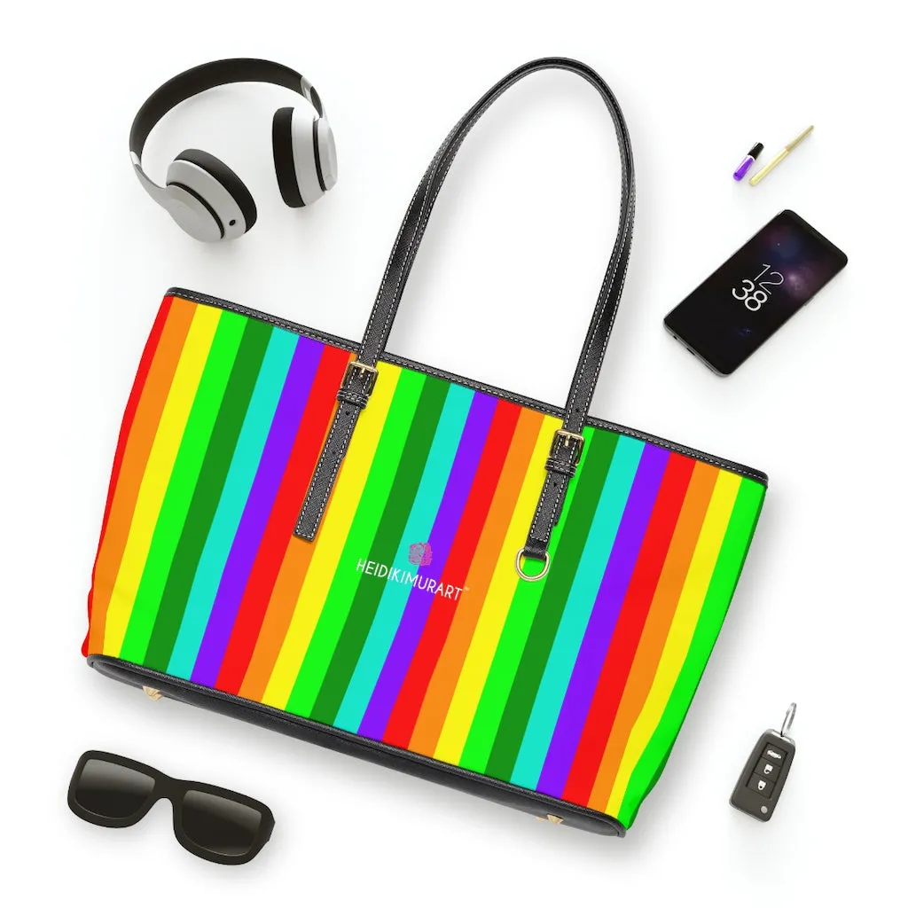 Rainbow Gay Pride Tote Bag, 17"x11"/ 16"x10" Designer Striped PU Leather Shoulder Hand Bag