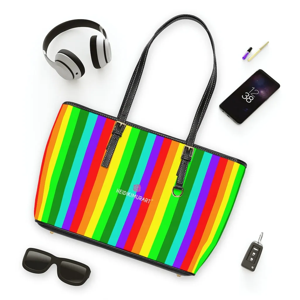 Rainbow Gay Pride Tote Bag, 17"x11"/ 16"x10" Designer Striped PU Leather Shoulder Hand Bag