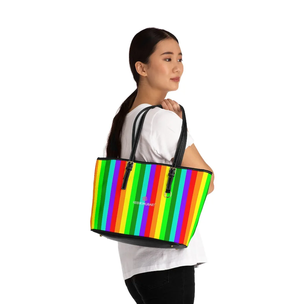 Rainbow Gay Pride Tote Bag, 17"x11"/ 16"x10" Designer Striped PU Leather Shoulder Hand Bag