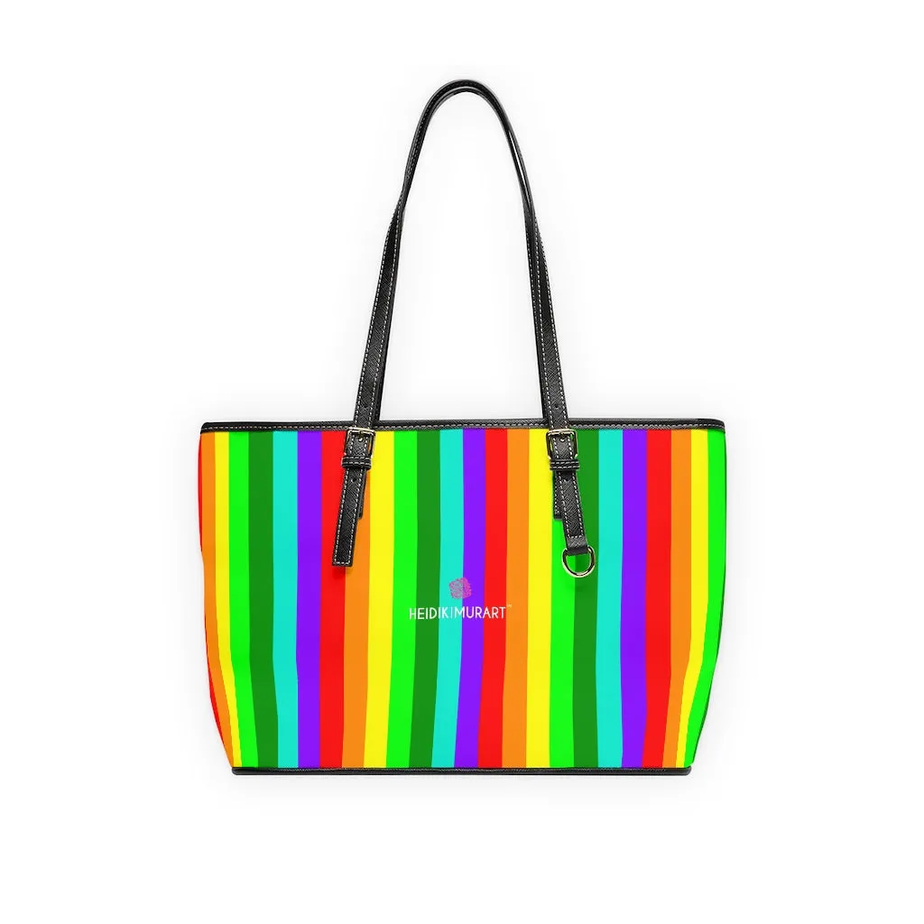 Rainbow Gay Pride Tote Bag, 17"x11"/ 16"x10" Designer Striped PU Leather Shoulder Hand Bag