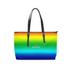 Rainbow Ombre Tote Bag, 17"x11"/ 16"x10" Designer Gay Pride PU Leather Shoulder Hand Bag