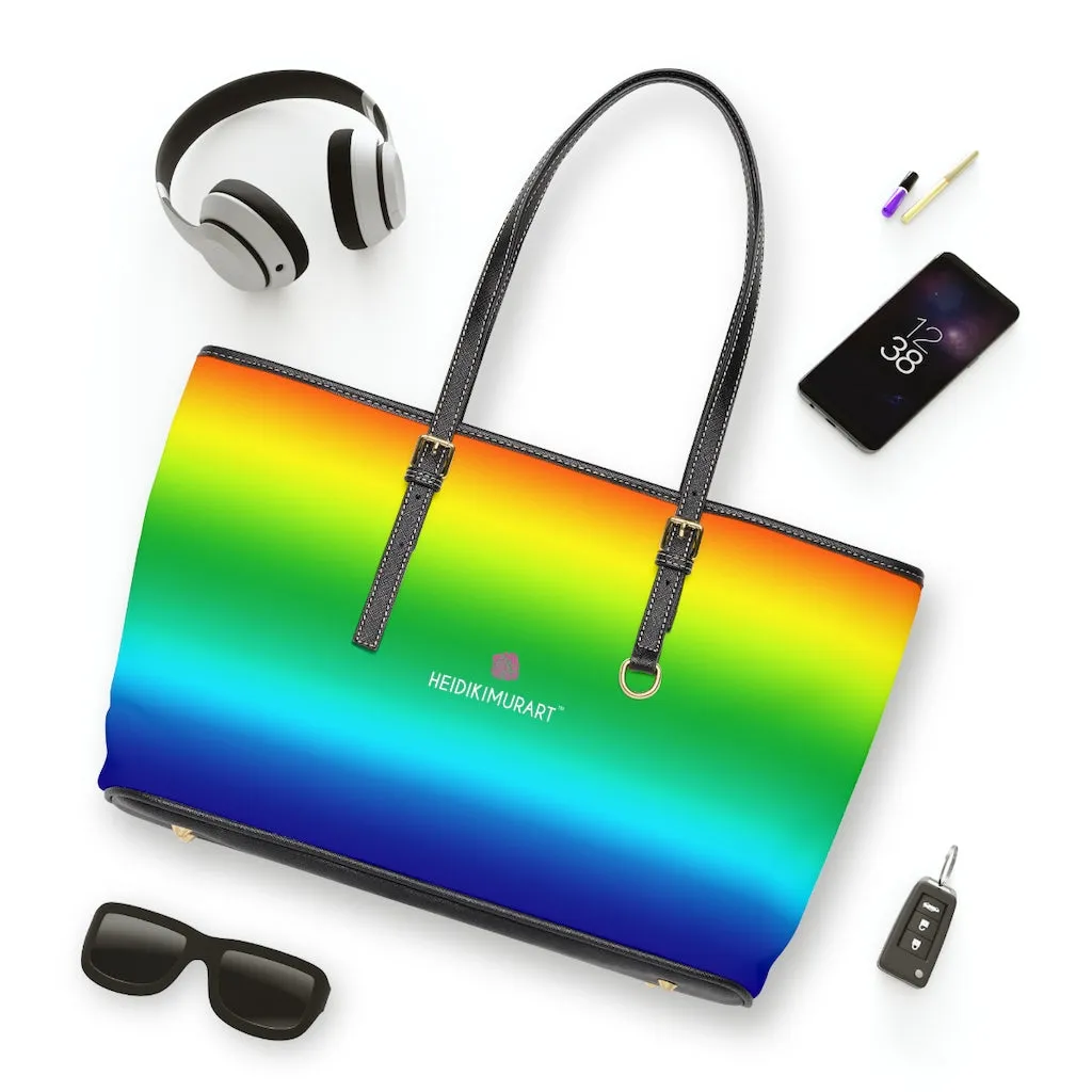 Rainbow Ombre Tote Bag, 17"x11"/ 16"x10" Designer Gay Pride PU Leather Shoulder Hand Bag