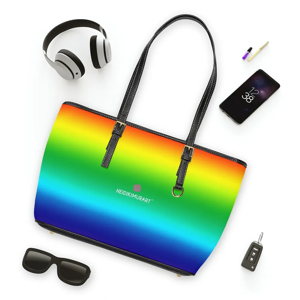 Rainbow Ombre Tote Bag, 17"x11"/ 16"x10" Designer Gay Pride PU Leather Shoulder Hand Bag