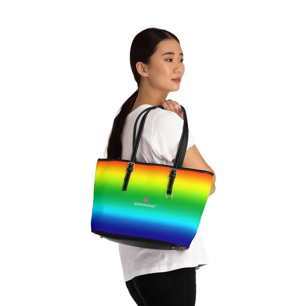 Rainbow Ombre Tote Bag, 17"x11"/ 16"x10" Designer Gay Pride PU Leather Shoulder Hand Bag