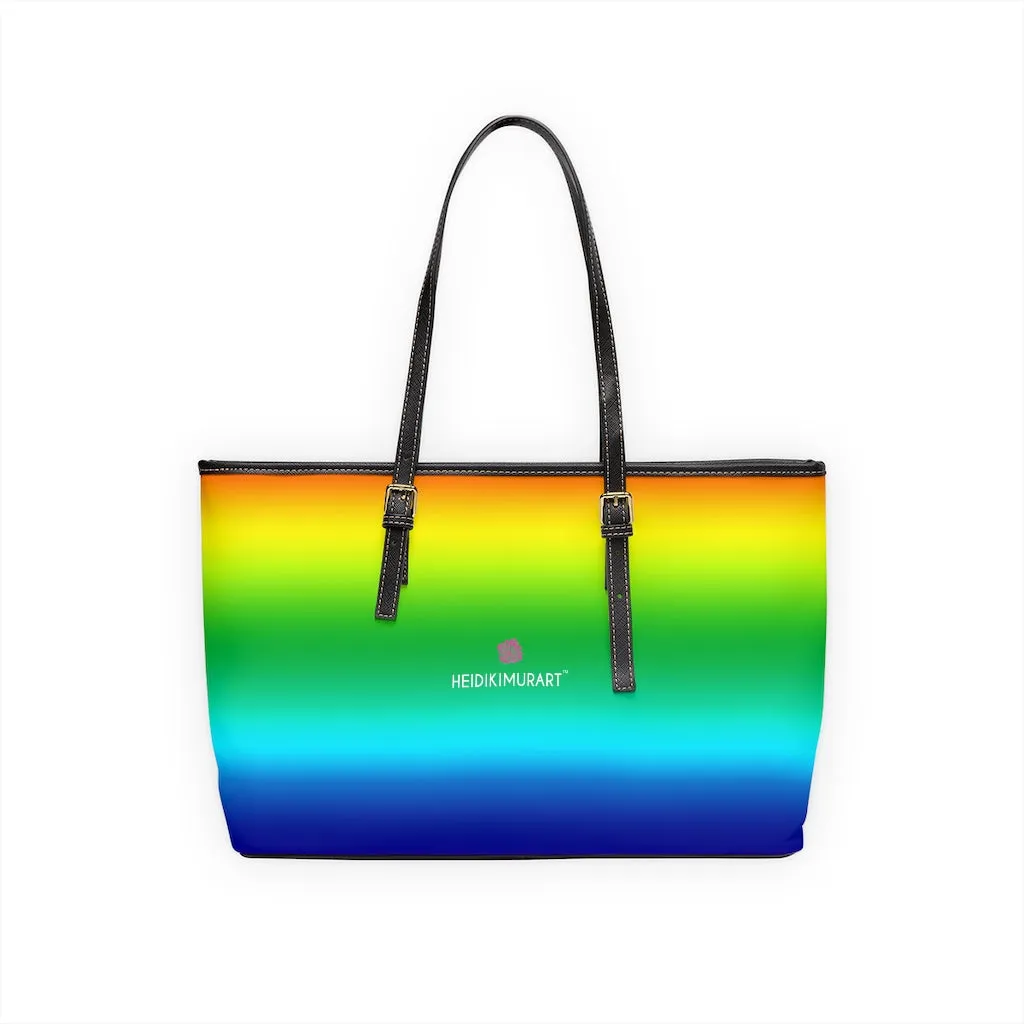 Rainbow Ombre Tote Bag, 17"x11"/ 16"x10" Designer Gay Pride PU Leather Shoulder Hand Bag