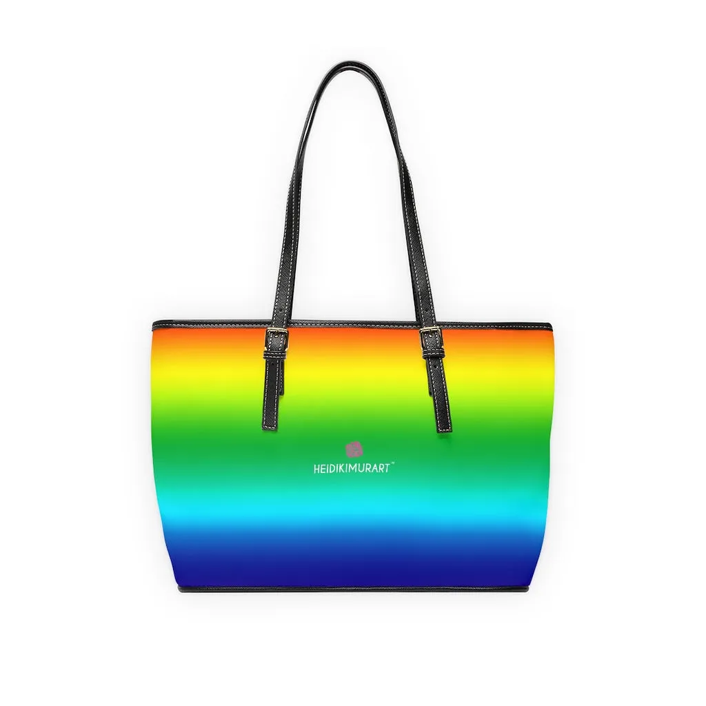 Rainbow Ombre Tote Bag, 17"x11"/ 16"x10" Designer Gay Pride PU Leather Shoulder Hand Bag