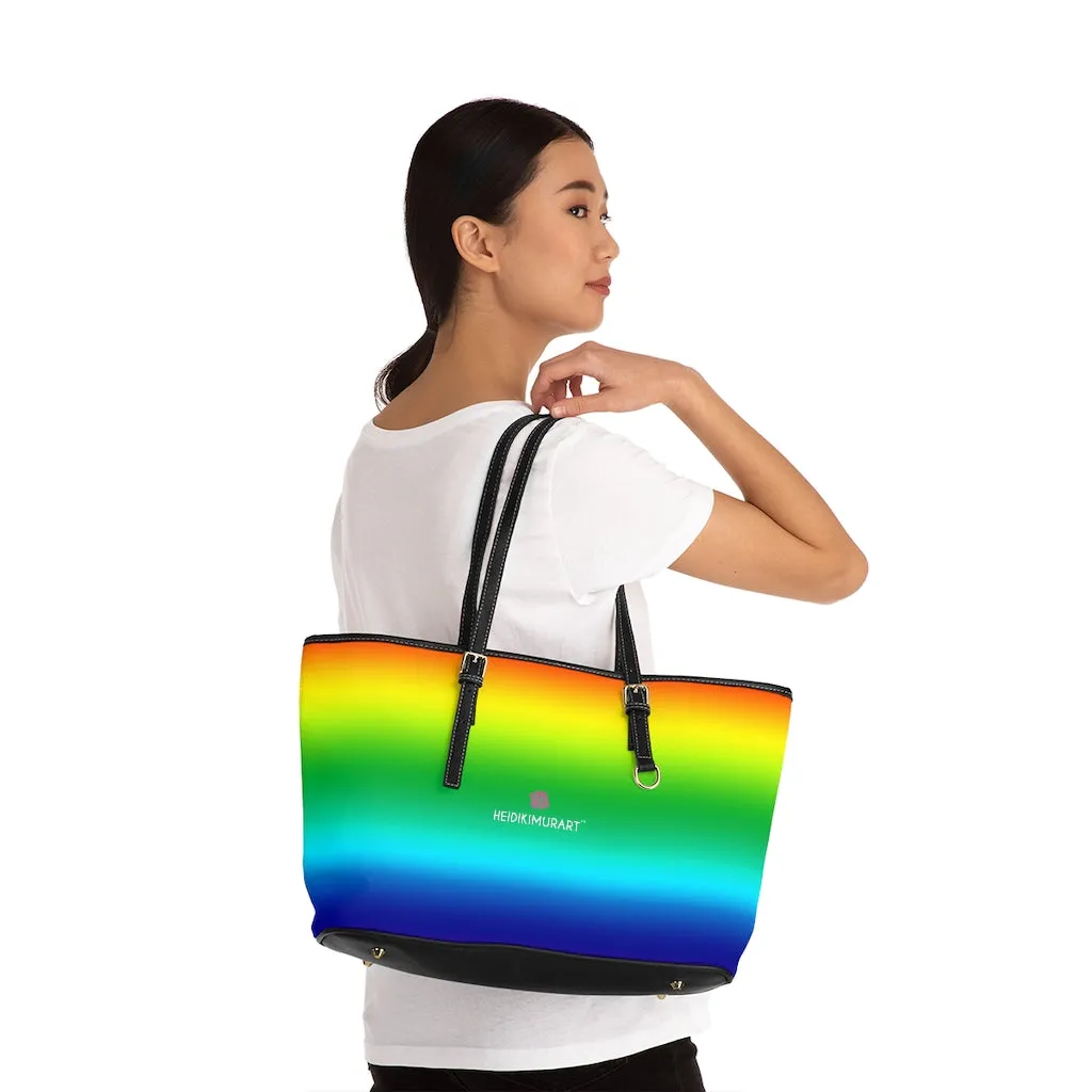 Rainbow Ombre Tote Bag, 17"x11"/ 16"x10" Designer Gay Pride PU Leather Shoulder Hand Bag