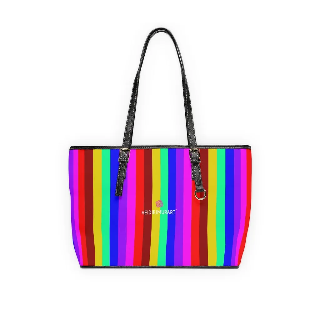 Rainbow Striped Print Tote Bag, Vertically Striped PU Leather Shoulder Work Bag 17"x11"/ 16"x10"