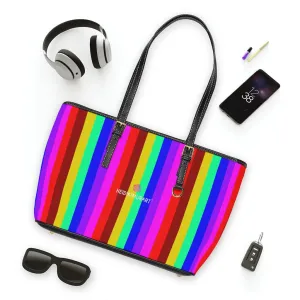 Rainbow Striped Print Tote Bag, Vertically Striped PU Leather Shoulder Work Bag 17"x11"/ 16"x10"