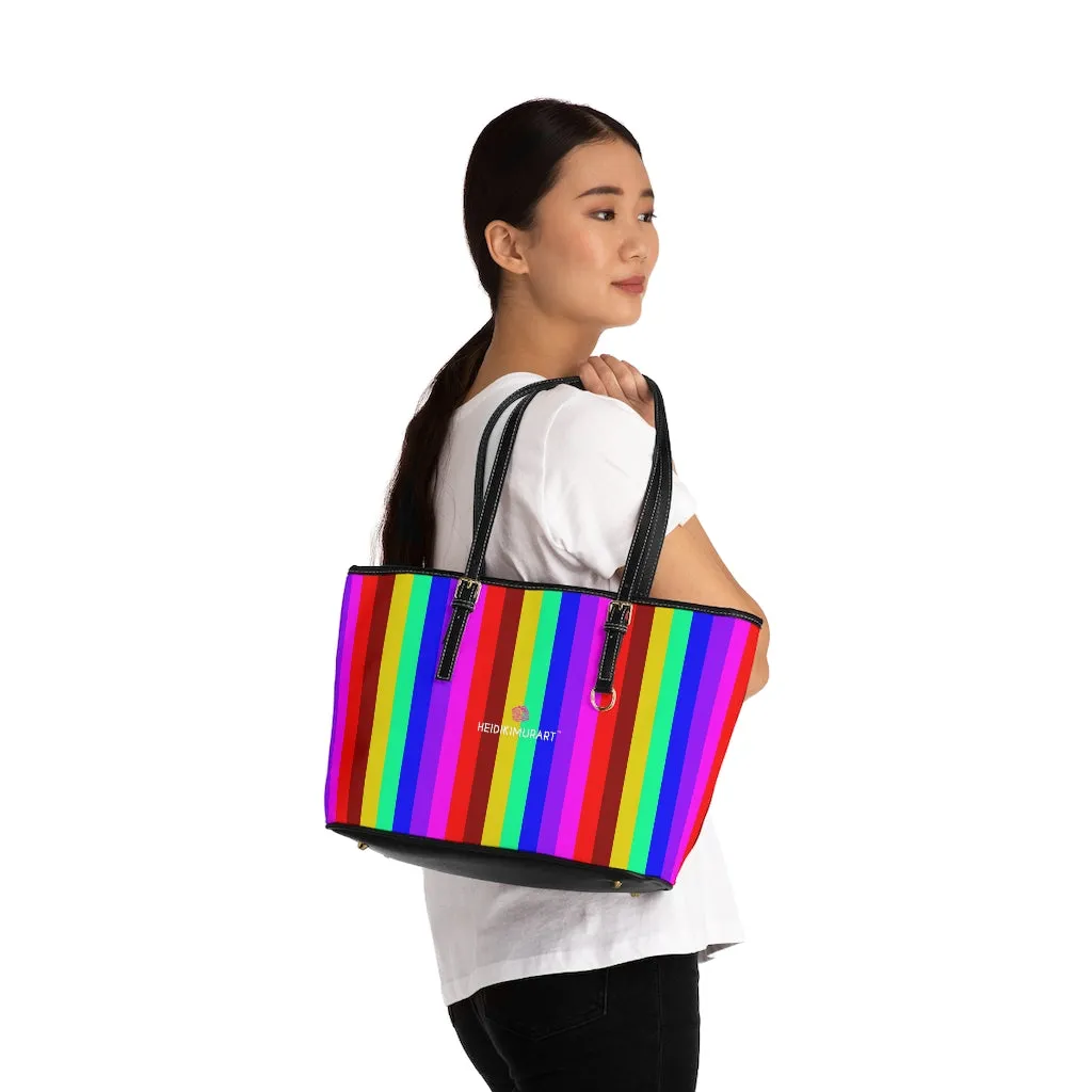 Rainbow Striped Print Tote Bag, Vertically Striped PU Leather Shoulder Work Bag 17"x11"/ 16"x10"