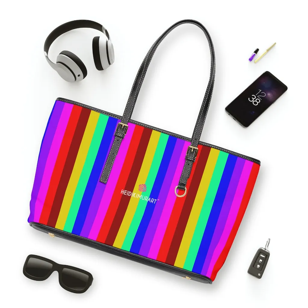 Rainbow Striped Print Tote Bag, Vertically Striped PU Leather Shoulder Work Bag 17"x11"/ 16"x10"