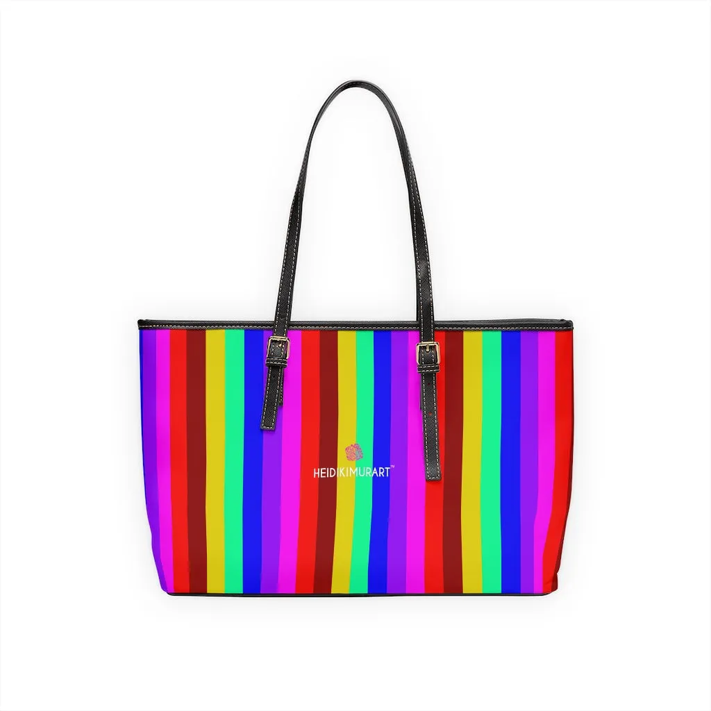 Rainbow Striped Print Tote Bag, Vertically Striped PU Leather Shoulder Work Bag 17"x11"/ 16"x10"