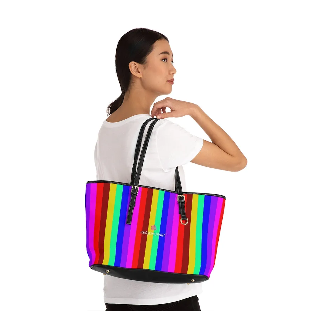 Rainbow Striped Print Tote Bag, Vertically Striped PU Leather Shoulder Work Bag 17"x11"/ 16"x10"