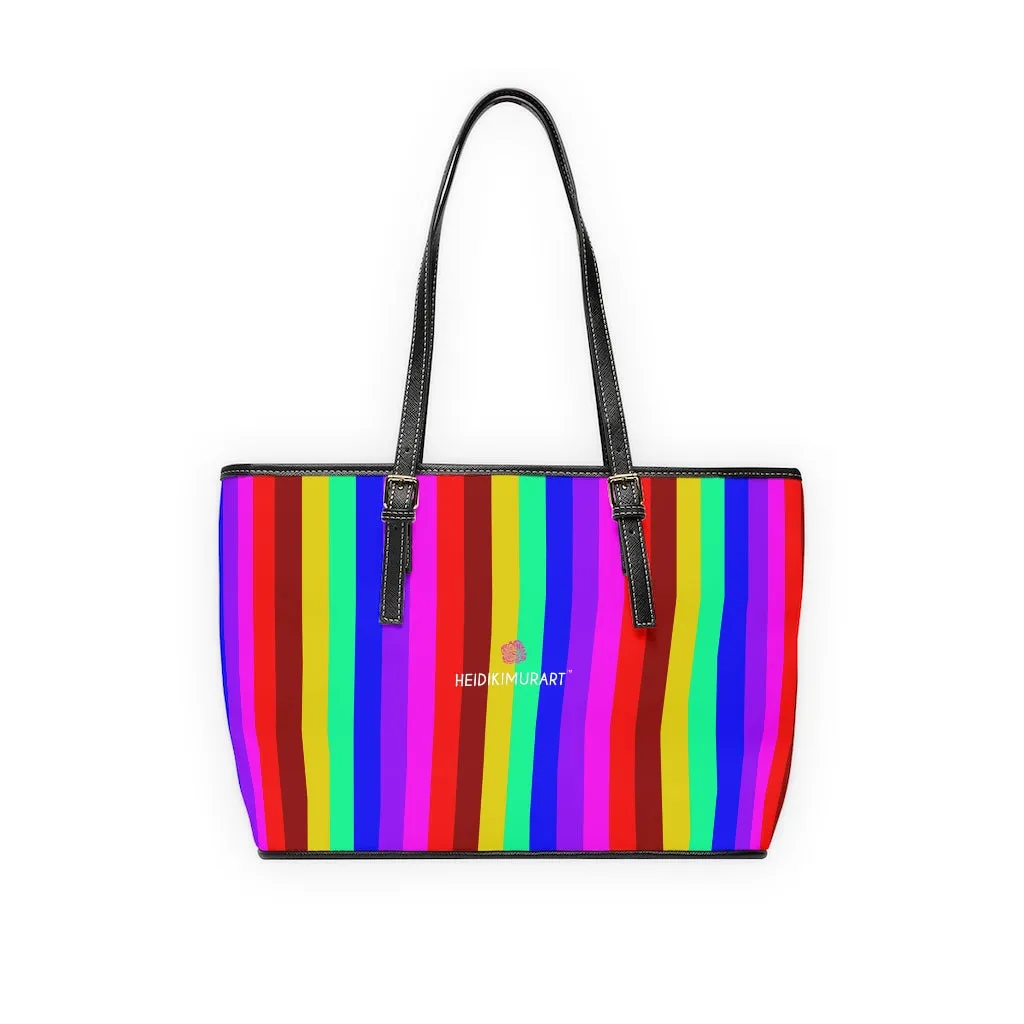 Rainbow Striped Print Tote Bag, Vertically Striped PU Leather Shoulder Work Bag 17"x11"/ 16"x10"