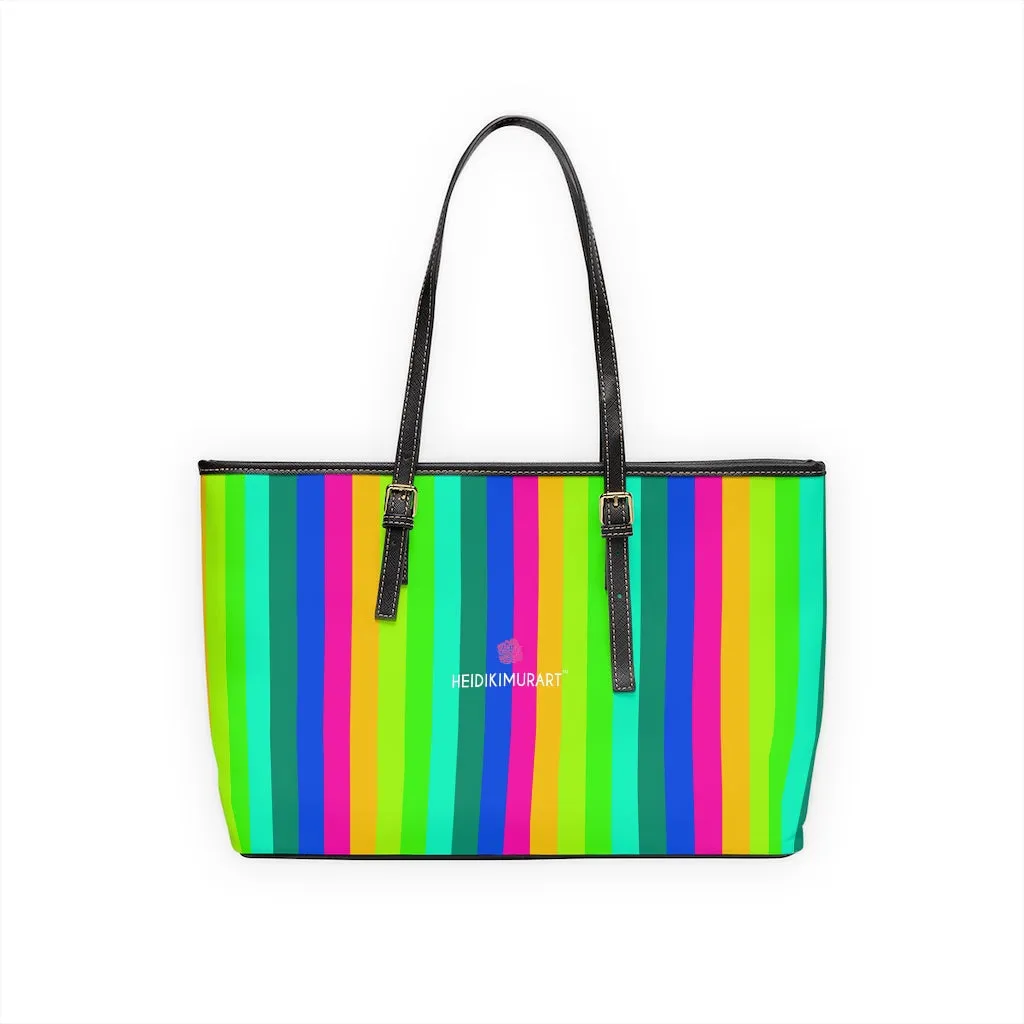 Rainbow Stripes Tote Bag, Best Designer PU Leather Shoulder Hand Work Bag 17"x11"/ 16"x10"