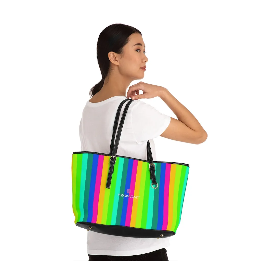 Rainbow Stripes Tote Bag, Best Designer PU Leather Shoulder Hand Work Bag 17"x11"/ 16"x10"