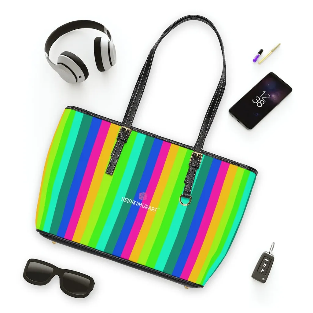 Rainbow Stripes Tote Bag, Best Designer PU Leather Shoulder Hand Work Bag 17"x11"/ 16"x10"