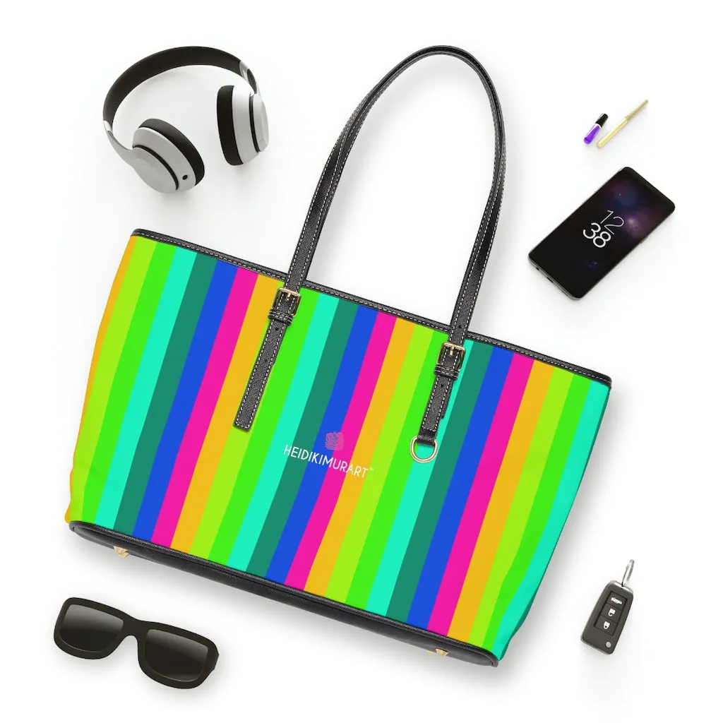 Rainbow Stripes Tote Bag, Best Designer PU Leather Shoulder Hand Work Bag 17"x11"/ 16"x10"