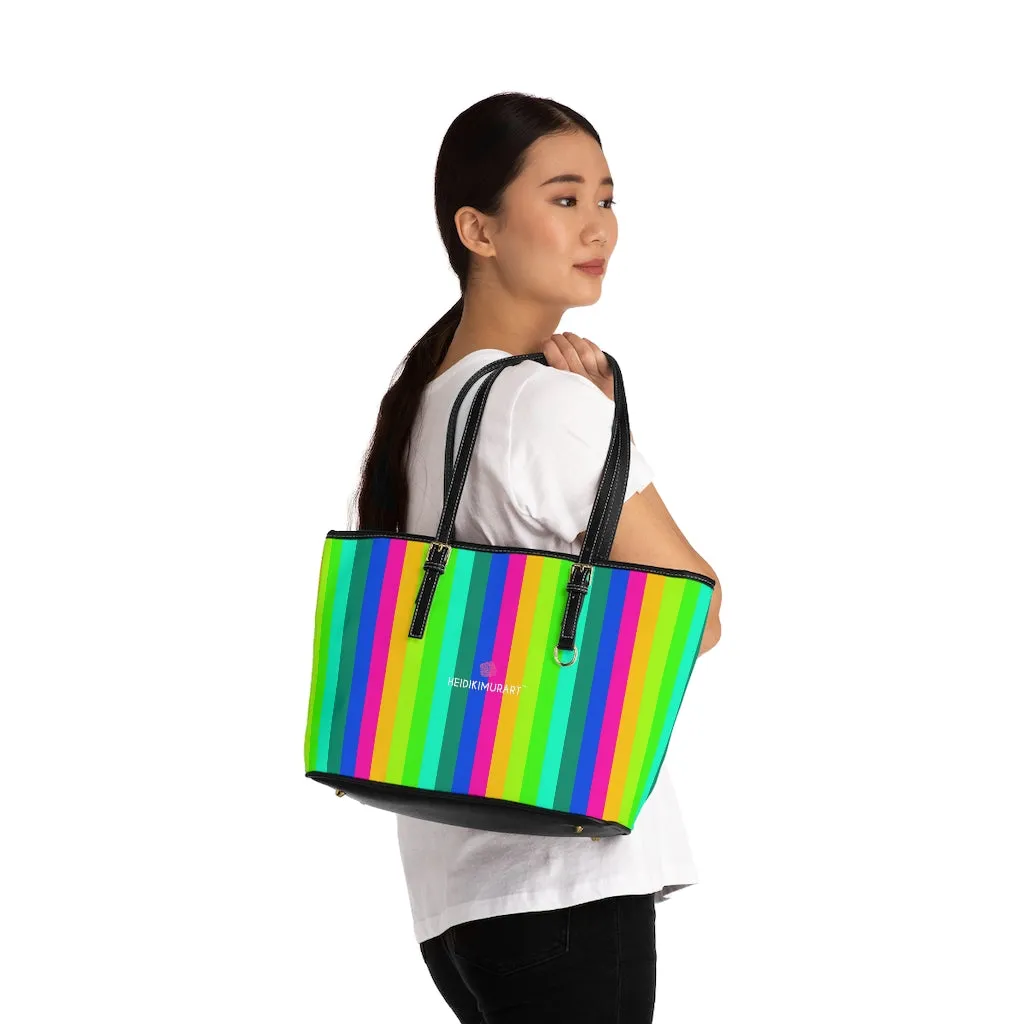 Rainbow Stripes Tote Bag, Best Designer PU Leather Shoulder Hand Work Bag 17"x11"/ 16"x10"