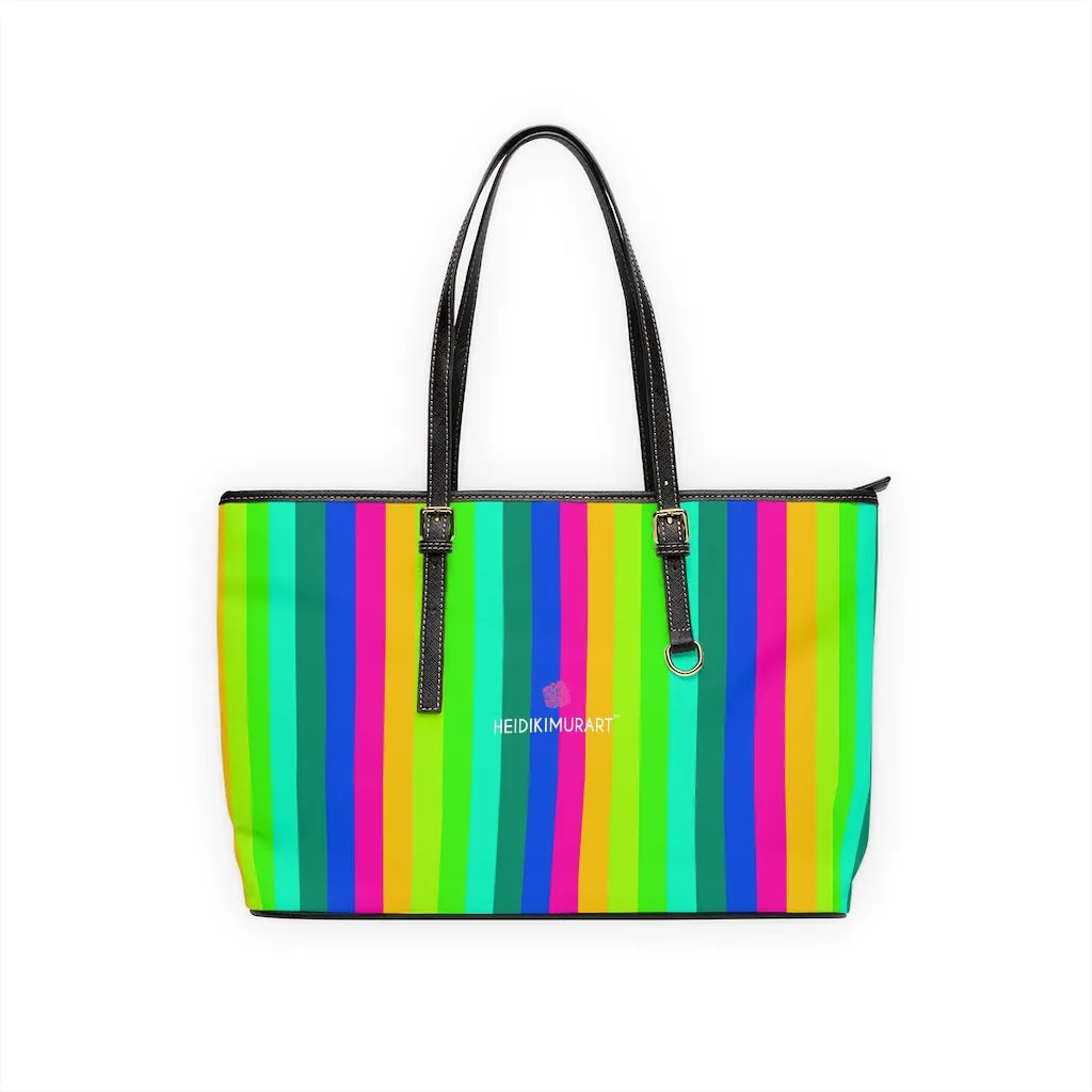 Rainbow Stripes Tote Bag, Best Designer PU Leather Shoulder Hand Work Bag 17"x11"/ 16"x10"