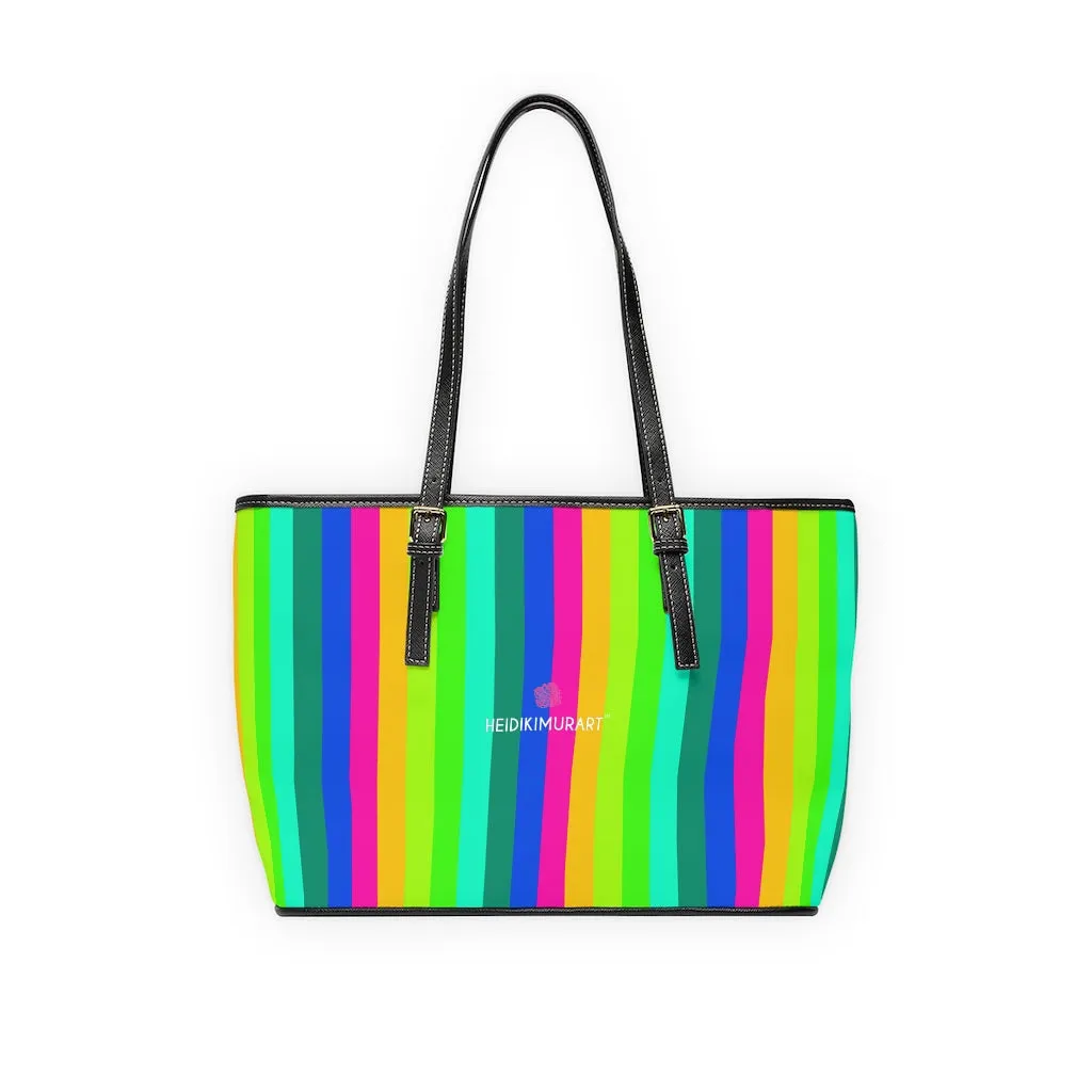 Rainbow Stripes Tote Bag, Best Designer PU Leather Shoulder Hand Work Bag 17"x11"/ 16"x10"