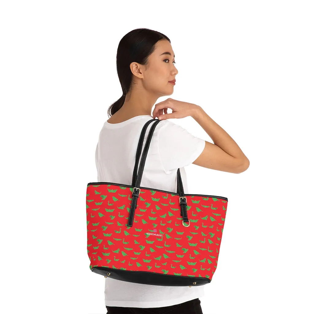 Red Green Crane Tote Bag, Japanese Style Cranes Best PU Leather Shoulder Hand Work Bag For Women