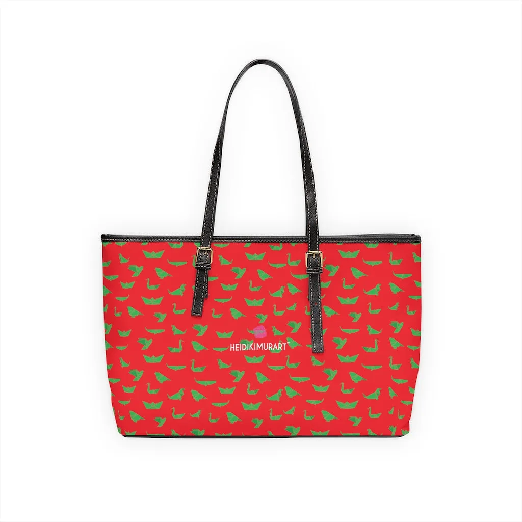 Red Green Crane Tote Bag, Japanese Style Cranes Best PU Leather Shoulder Hand Work Bag For Women