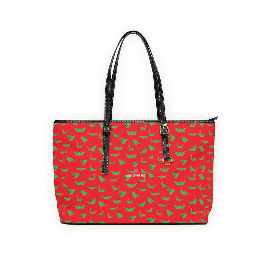 Red Green Crane Tote Bag, Japanese Style Cranes Best PU Leather Shoulder Hand Work Bag For Women