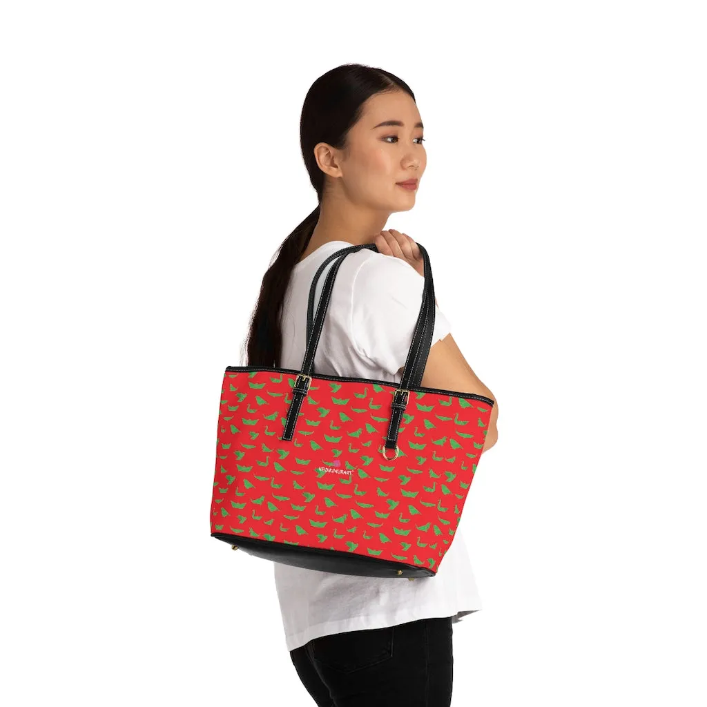 Red Green Crane Tote Bag, Japanese Style Cranes Best PU Leather Shoulder Hand Work Bag For Women