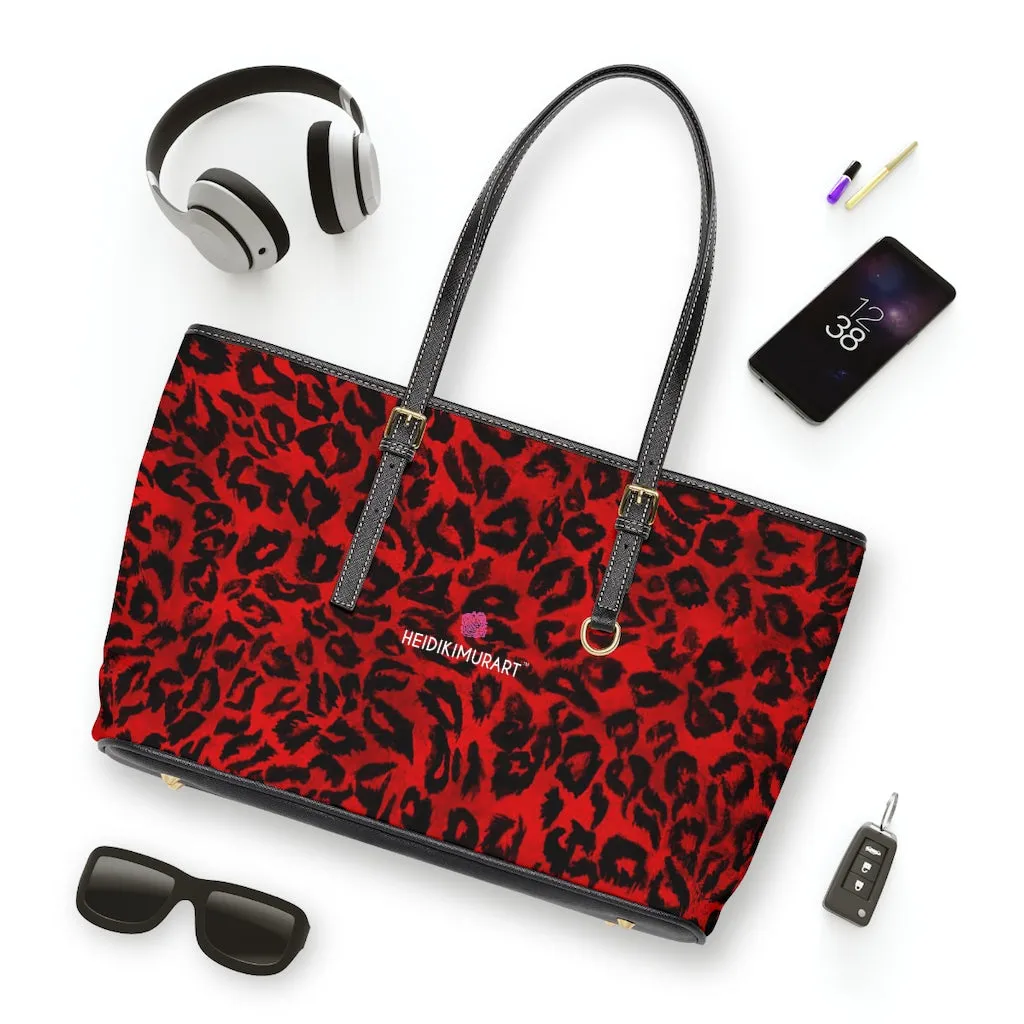 Red Leopard Print Tote Bag, Animal Print PU Leather Shoulder Hand Work Bag 17"x11"/ 16"x10"