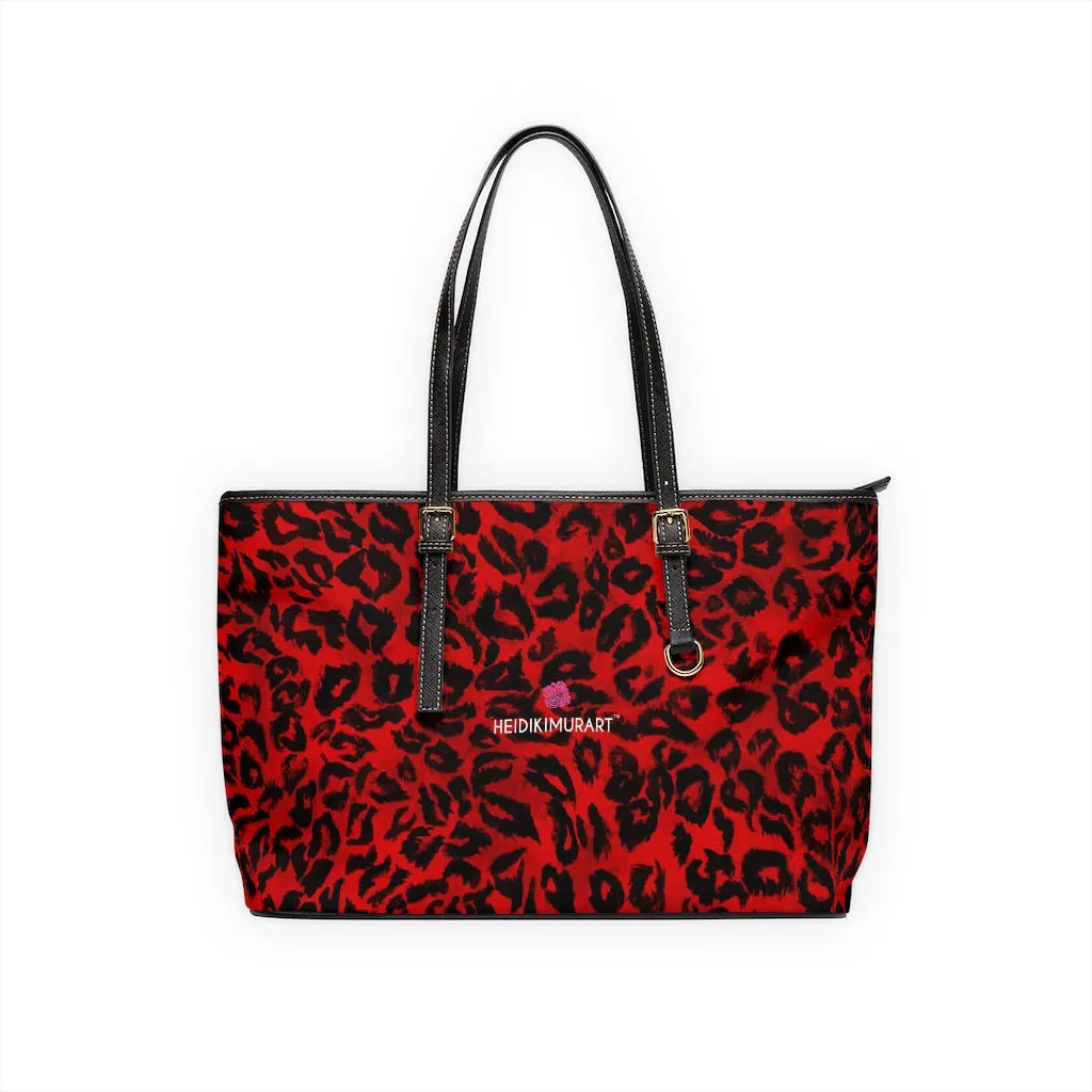 Red Leopard Print Tote Bag, Animal Print PU Leather Shoulder Hand Work Bag 17"x11"/ 16"x10"